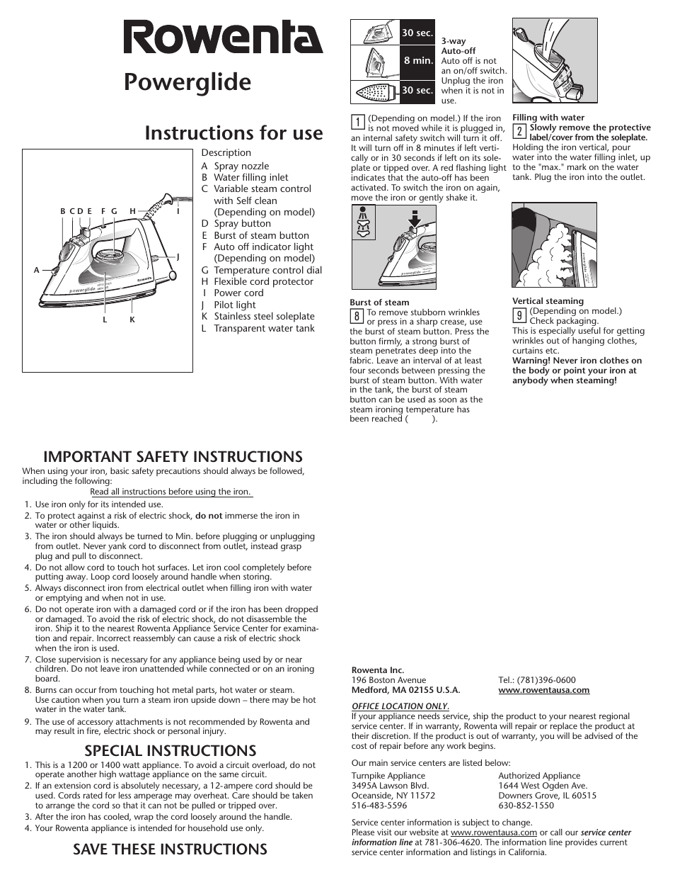 ROWENTA Powerglide Steam Iron User Manual | 2 pages