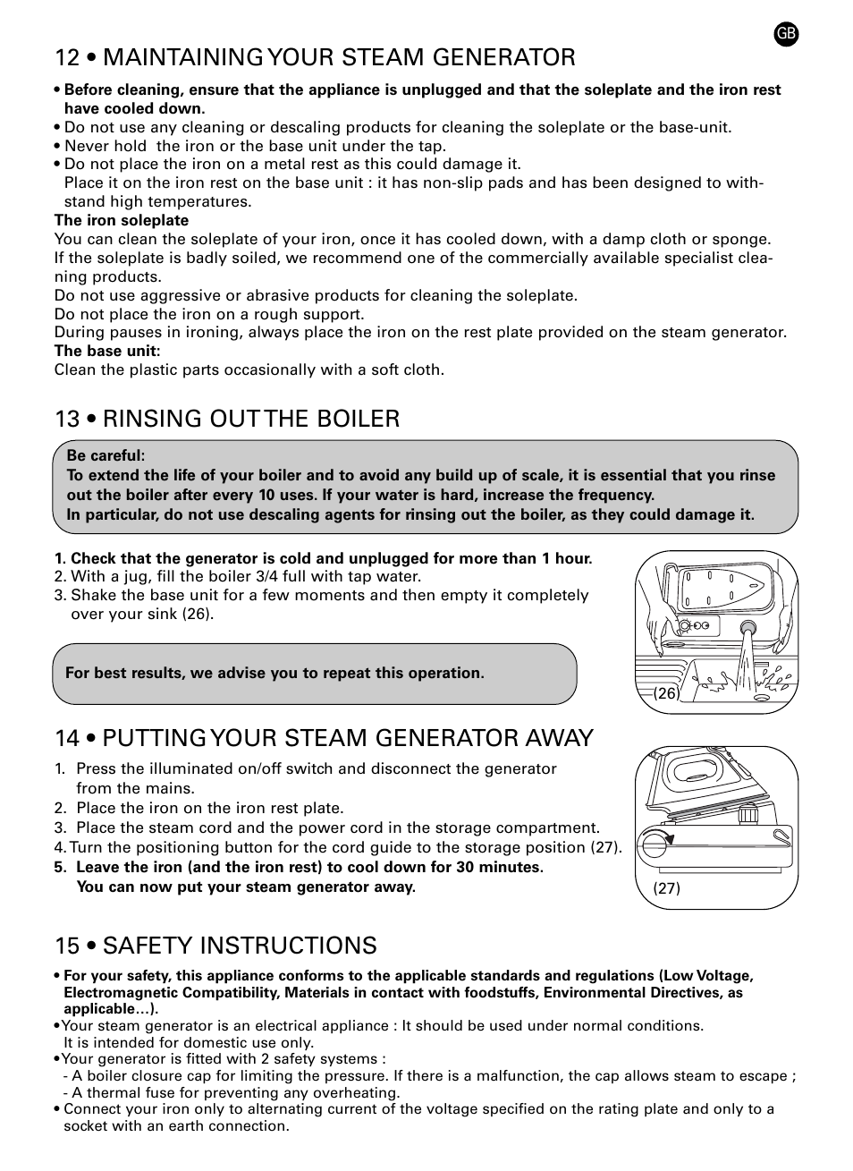 14 • putting your steam generator away, 15 • safety instructions, 12 • maintaining your steam generator | 13 • rinsing out the boiler | ROWENTA PRO FRESH DG7160 User Manual | Page 10 / 12