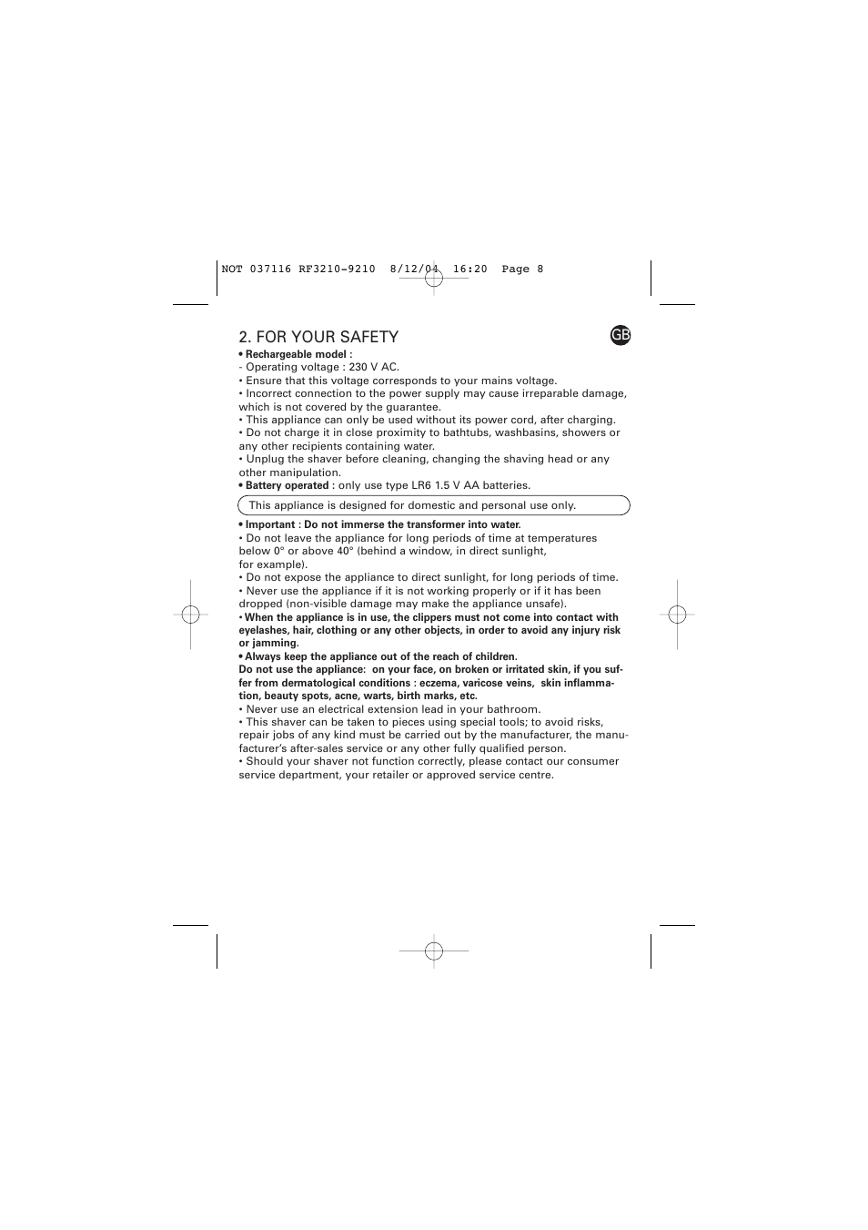 For your safety | ROWENTA LISSEA 037116 - 20/04 RF3210/9210 User Manual | Page 3 / 6