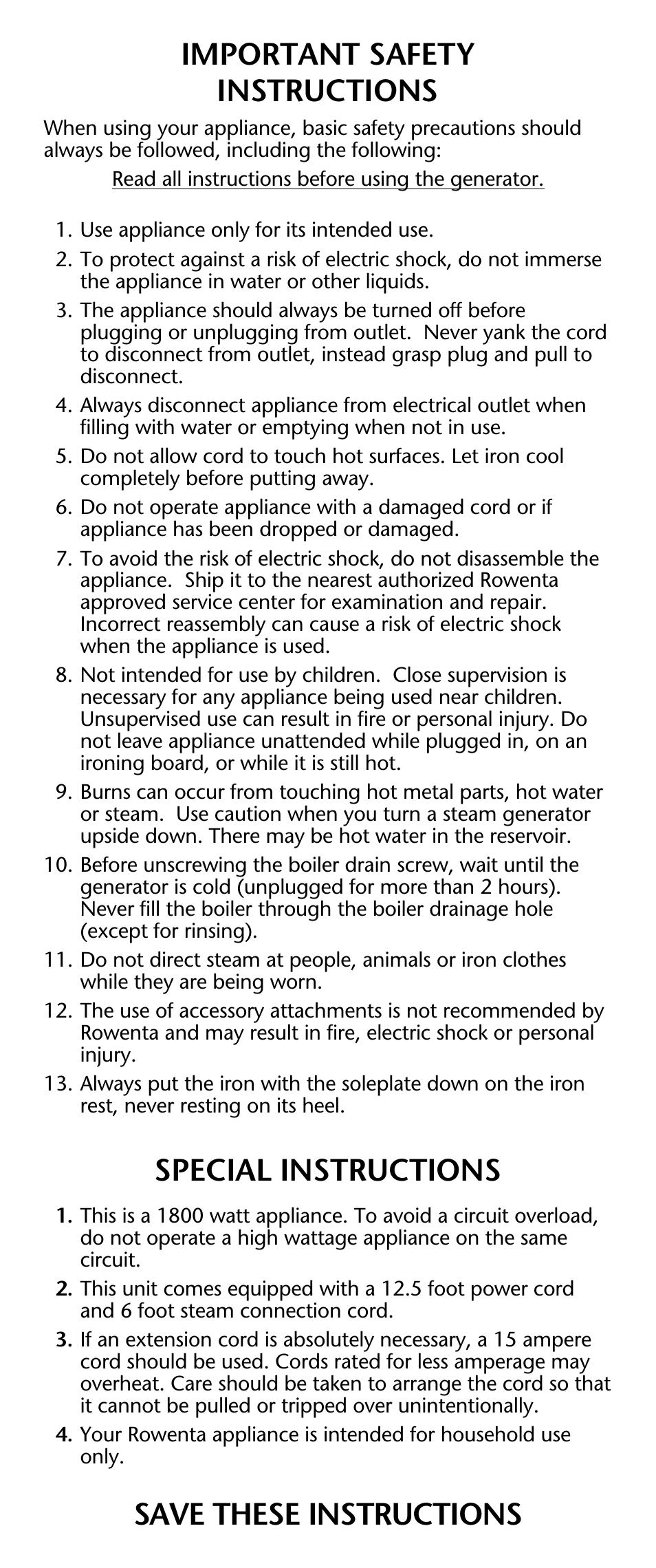 Important safety instructions, Special instructions, Save these instructions | ROWENTA Werke User Manual | Page 2 / 10