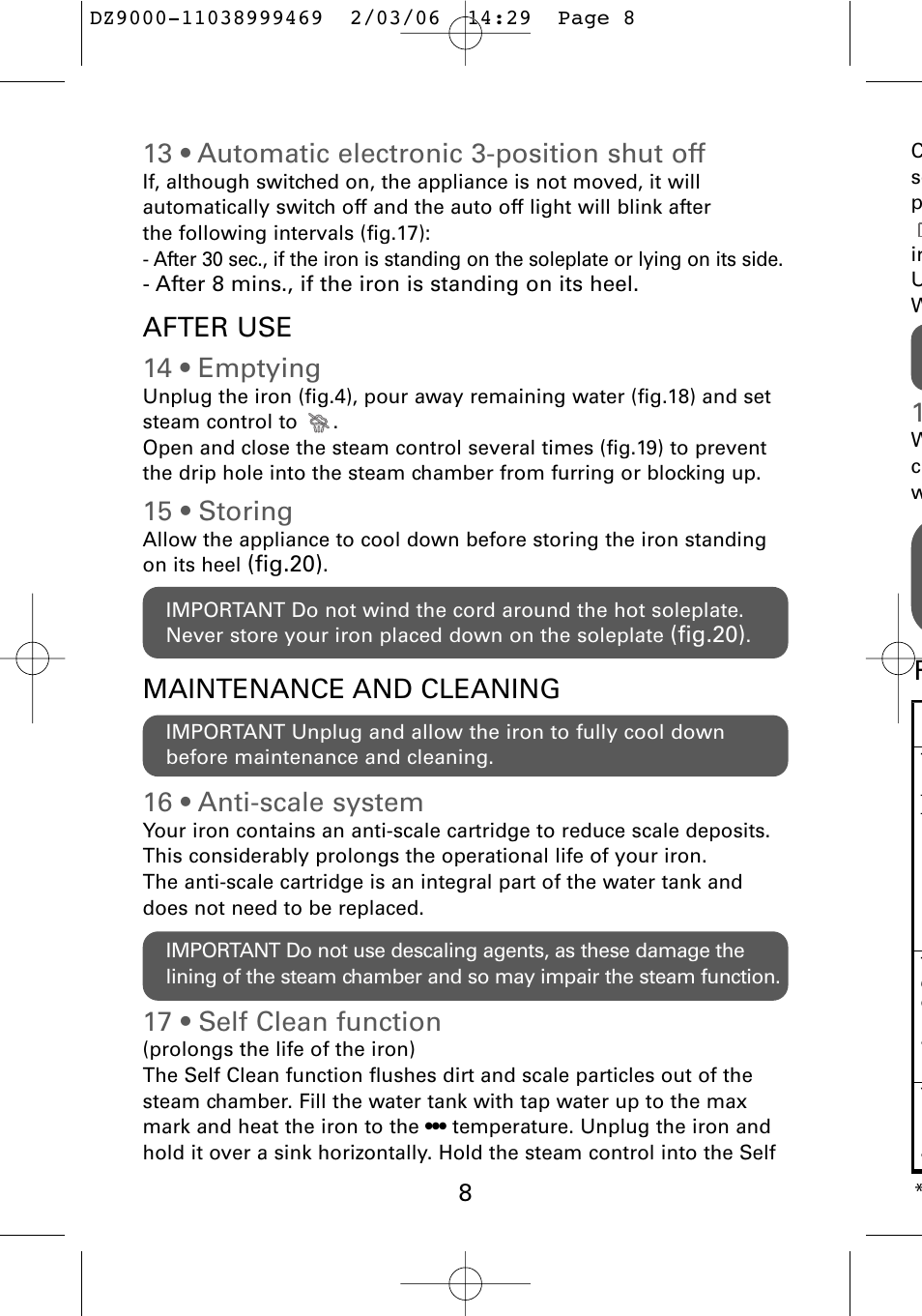 P13 • automatic electronic 3-position shut off, After use 14 • emptying, 15 • storing | Maintenance and cleaning 16 • anti-scale system, 17 • self clean function | ROWENTA DZ9030 User Manual | Page 10 / 12