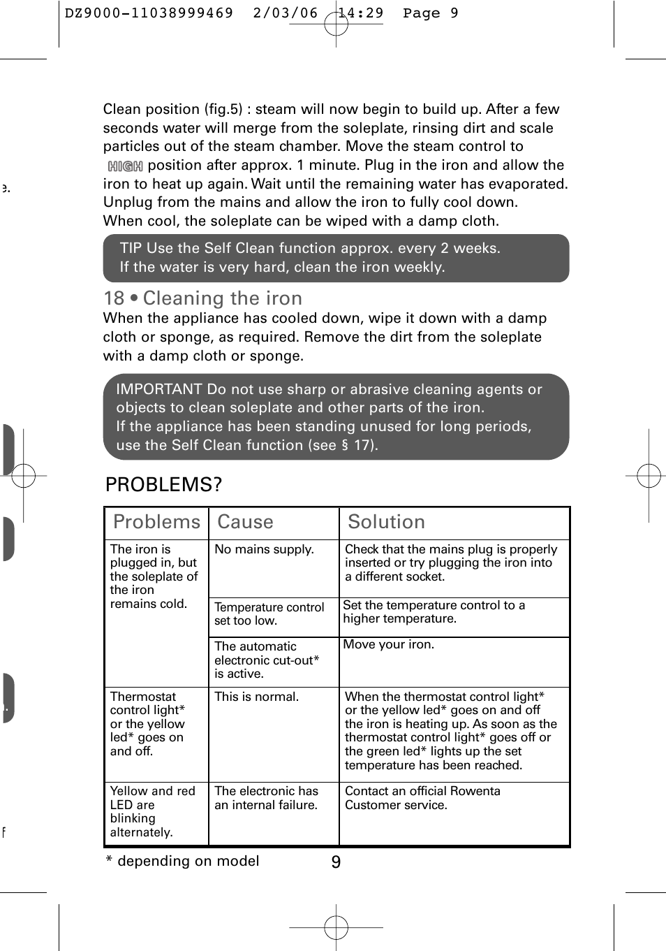 18 • cleaning the iron, Problems cause solution, Problems | ROWENTA DZ9030 User Manual | Page 11 / 12