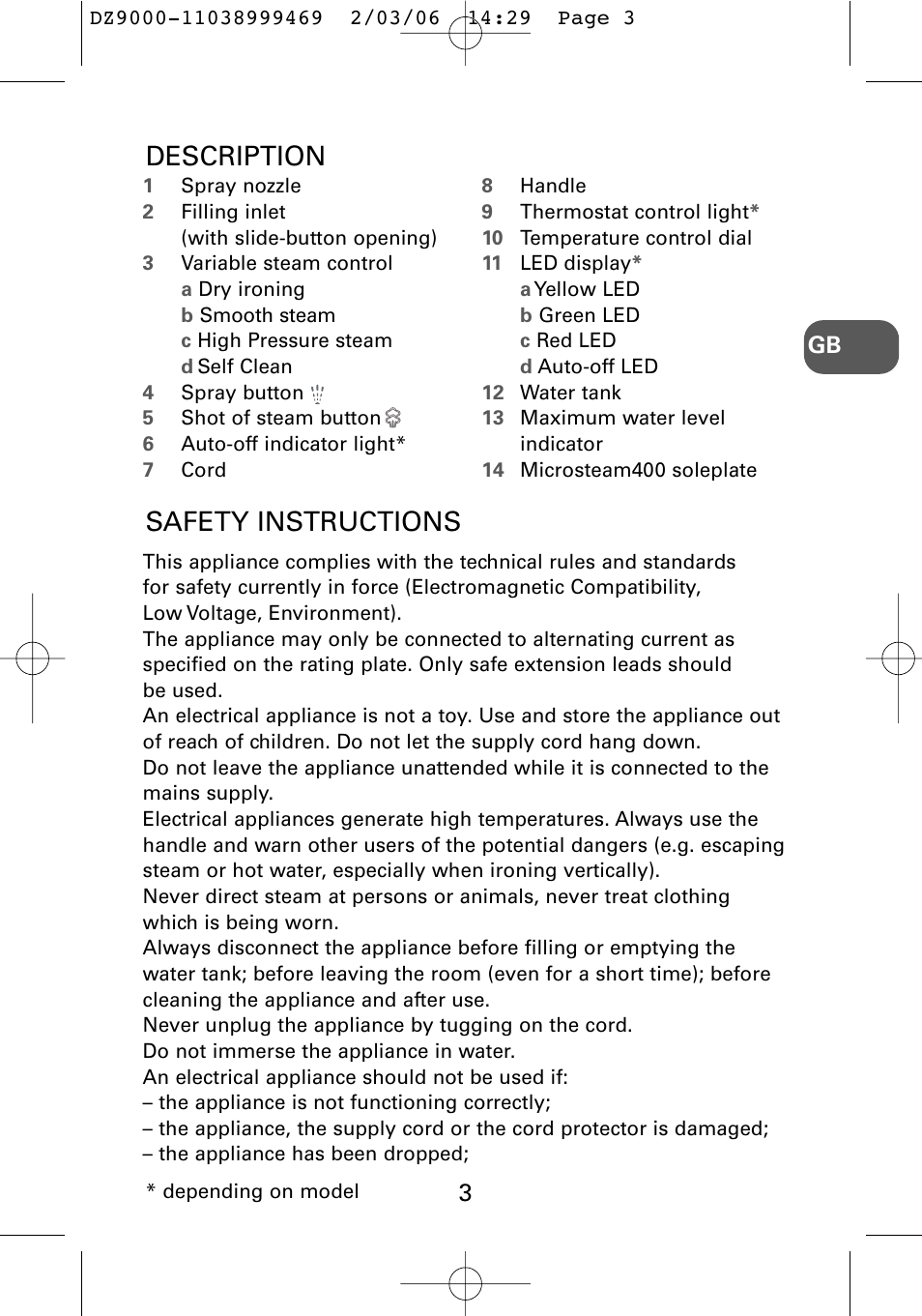 Description safety instructions | ROWENTA DZ9030 User Manual | Page 5 / 12
