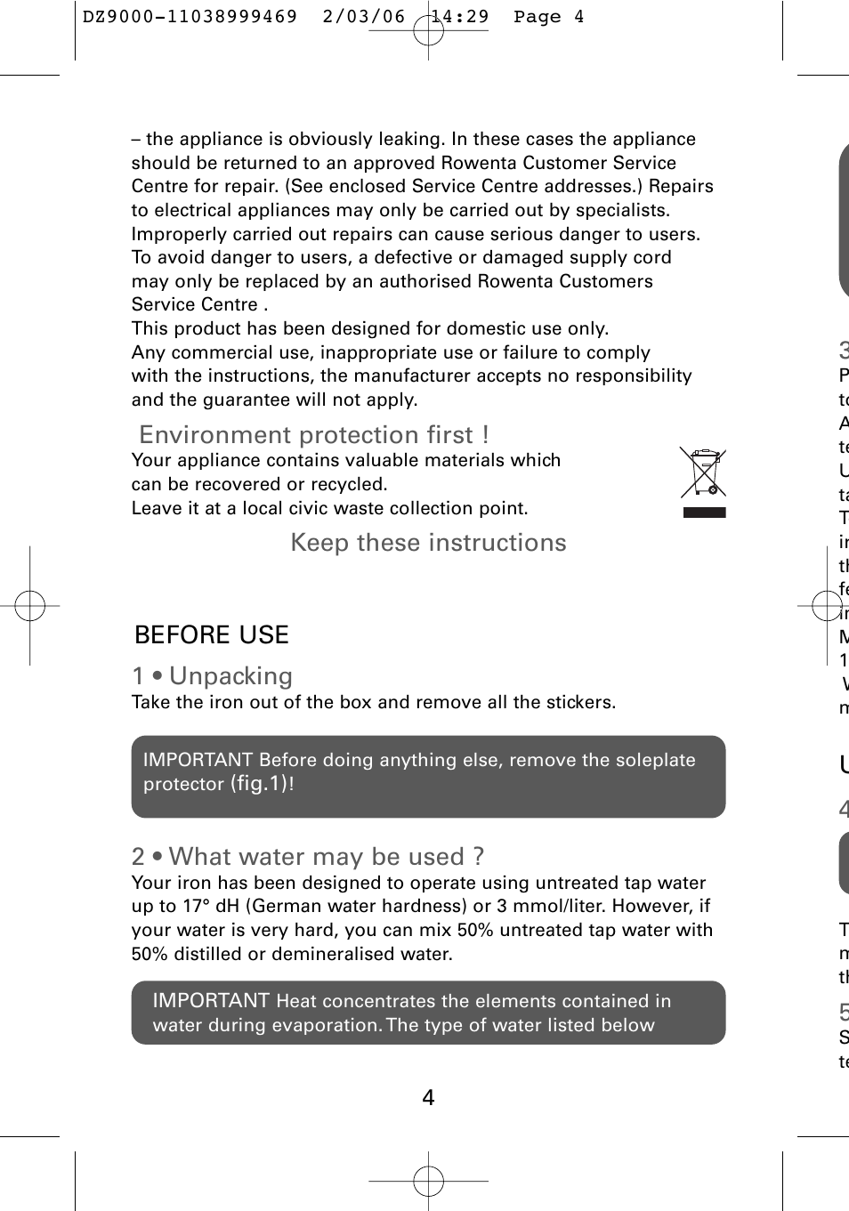 Environment protection first, Keep these instructions before use 1 • unpacking, 2 • what water may be used | ROWENTA DZ9030 User Manual | Page 6 / 12