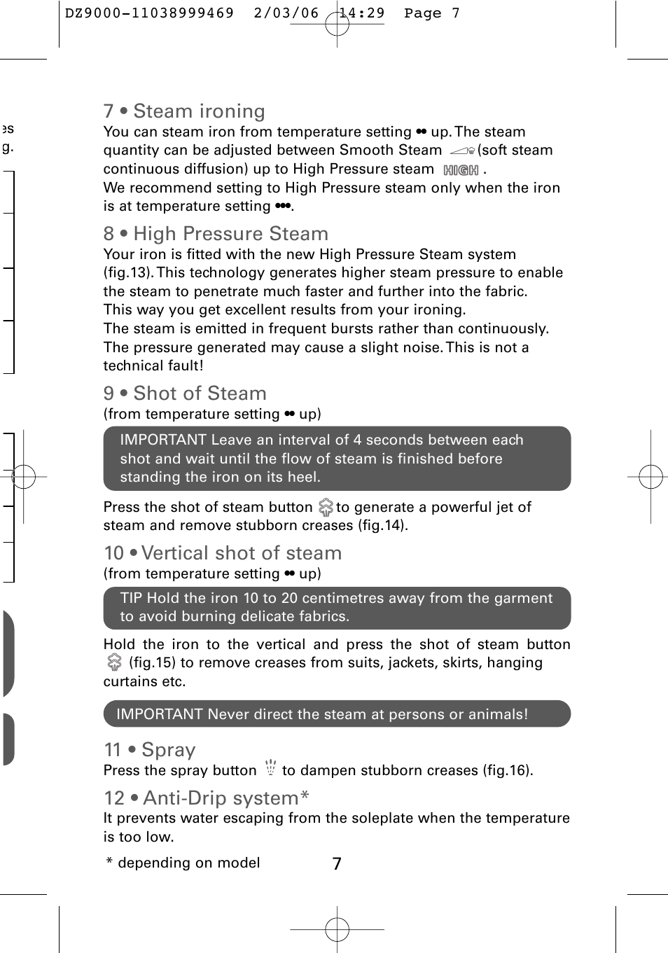 7 • steam ironing, 8 • high pressure steam, 9 • shot of steam | 10 • vertical shot of steam, 11 • spray, 12 • anti-drip system | ROWENTA DZ9030 User Manual | Page 9 / 12