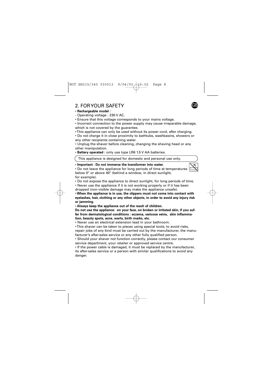 For your safety | ROWENTA LISSEA 030013 - 4/03 SH315/345 User Manual | Page 3 / 6