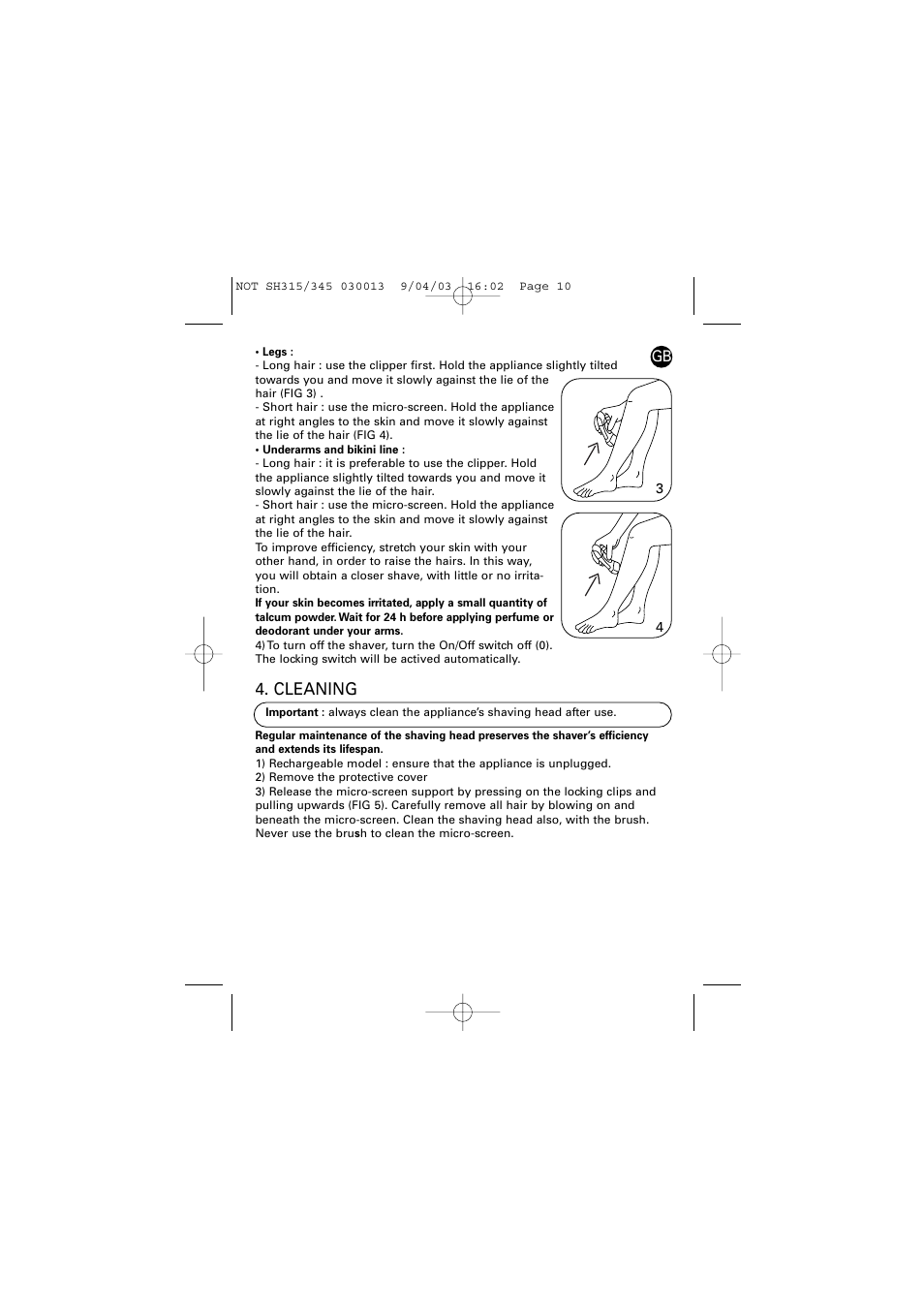 Cleaning | ROWENTA LISSEA 030013 - 4/03 SH315/345 User Manual | Page 5 / 6