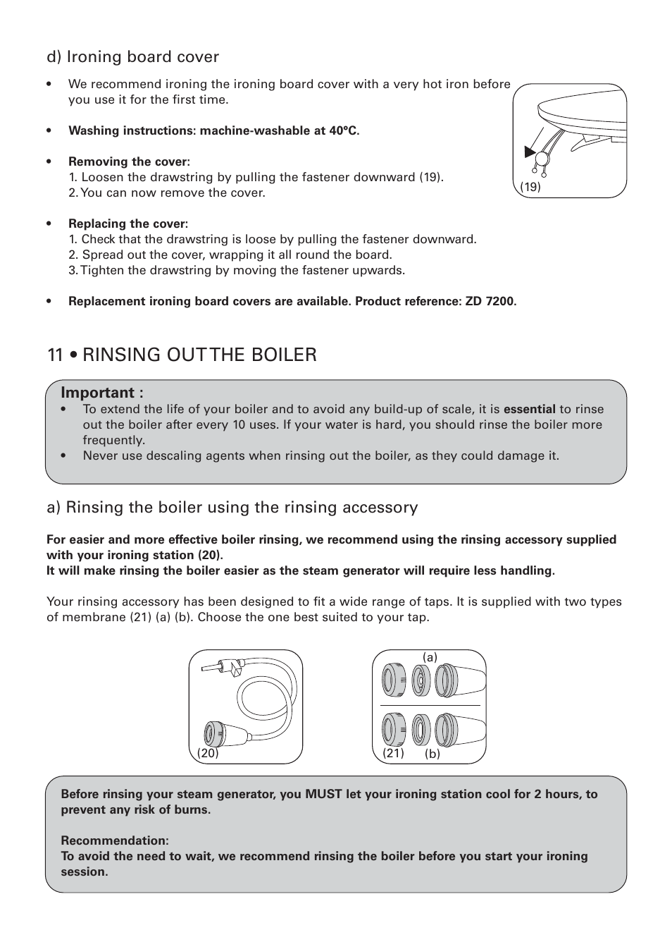 11 • rinsing out the boiler, D) ironing board cover, A) rinsing the boiler using the rinsing accessory | ROWENTA PROACTIVE 032621 - IC7100 - 50/03 User Manual | Page 10 / 14
