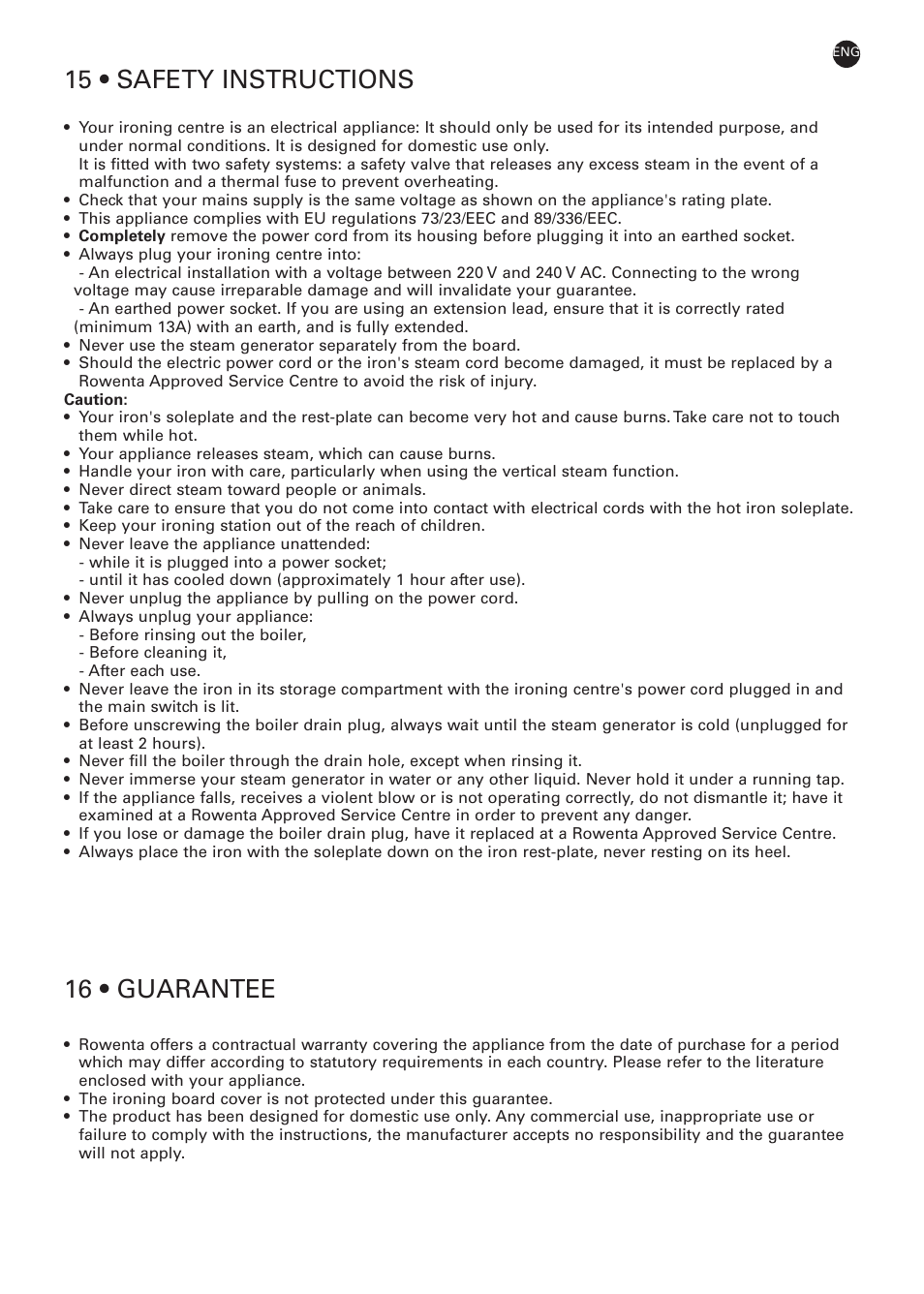 15 • safety instructions, 16 • guarantee | ROWENTA PROACTIVE 032621 - IC7100 - 50/03 User Manual | Page 13 / 14