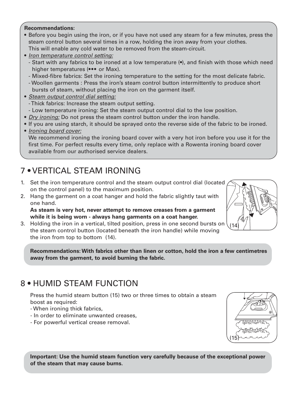7 • vertical steam ironing, 8 • humid steam function | ROWENTA PROACTIVE 032621 - IC7100 - 50/03 User Manual | Page 8 / 14