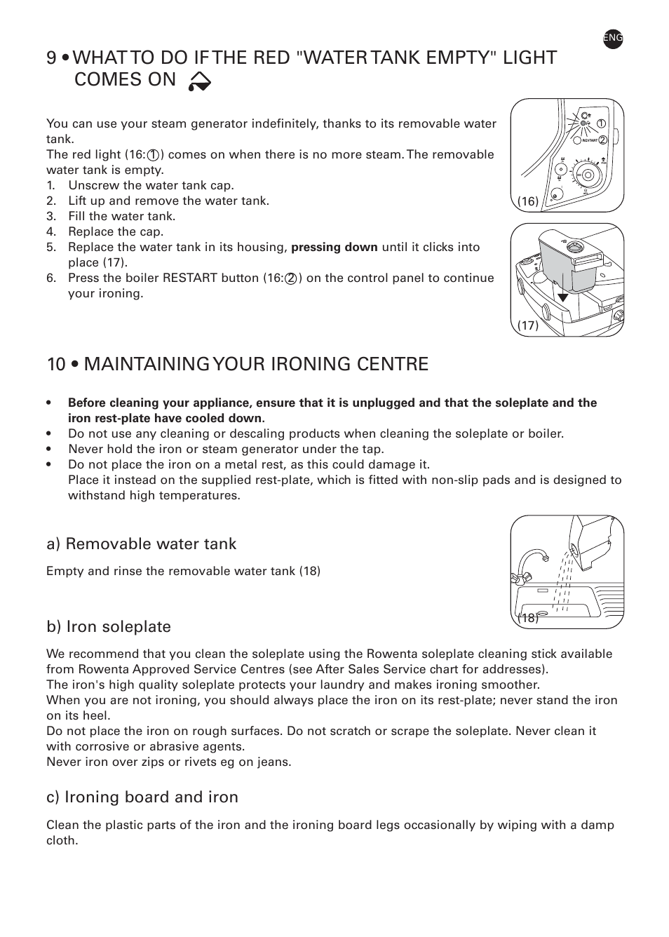 10 • maintaining your ironing centre, A) removable water tank, B) iron soleplate | C) ironing board and iron | ROWENTA PROACTIVE 032621 - IC7100 - 50/03 User Manual | Page 9 / 14