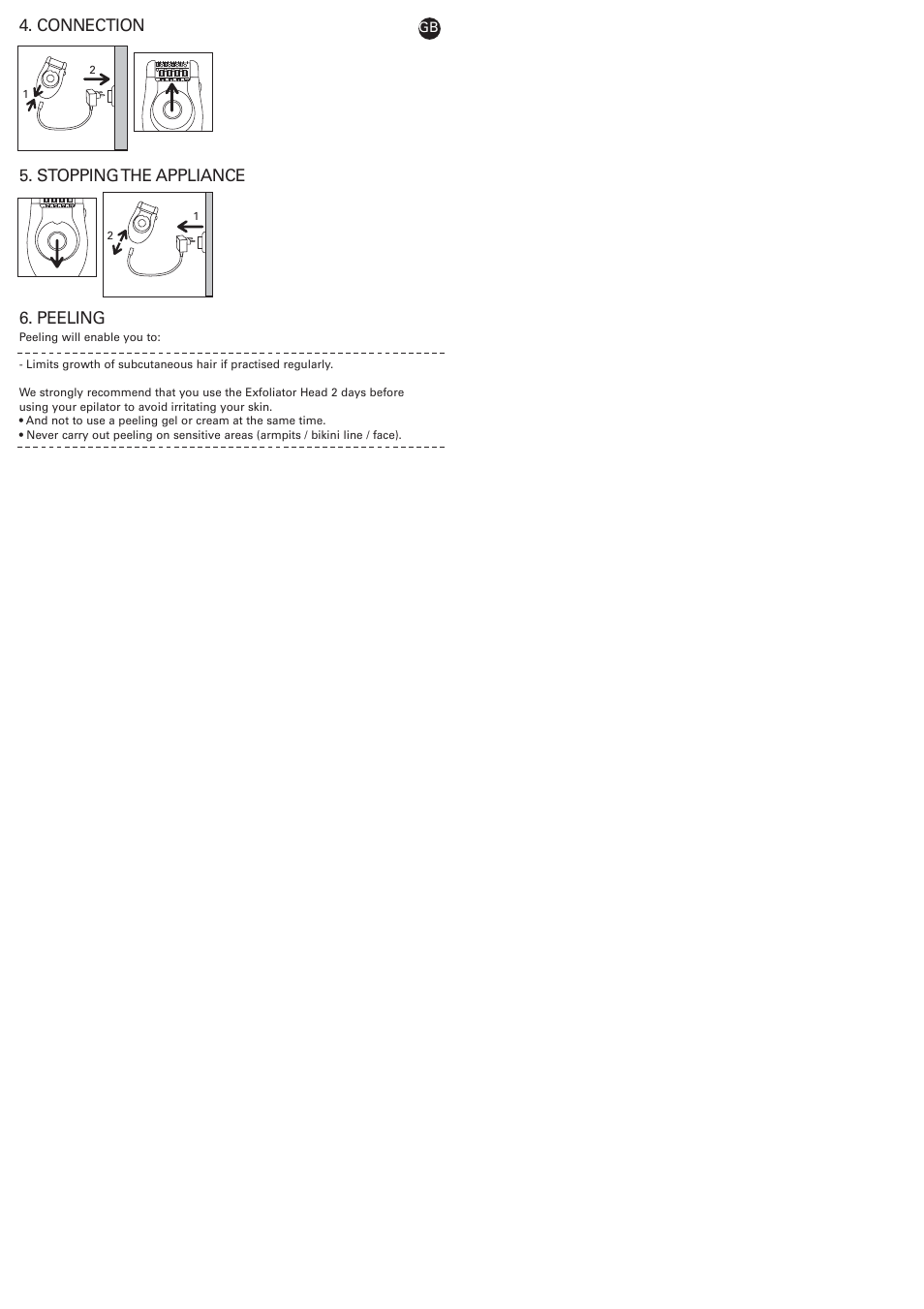 Connection 5. stopping the appliance 6. peeling | ROWENTA 087839/50-04 User Manual | Page 5 / 9