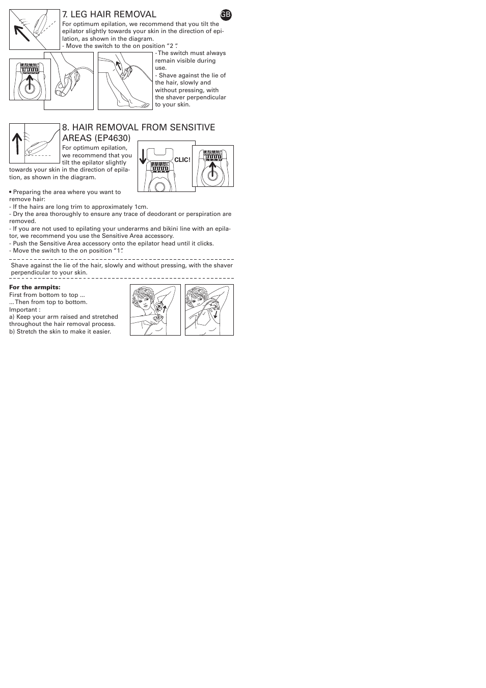 Hair removal from sensitive areas (ep4630), Leg hair removal | ROWENTA 087839/50-04 User Manual | Page 7 / 9