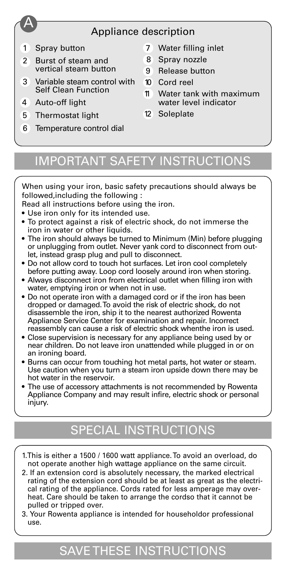 Important safety instructions, Special instructions, Save these instructions | Appliance description | ROWENTA DX1900 User Manual | Page 2 / 10