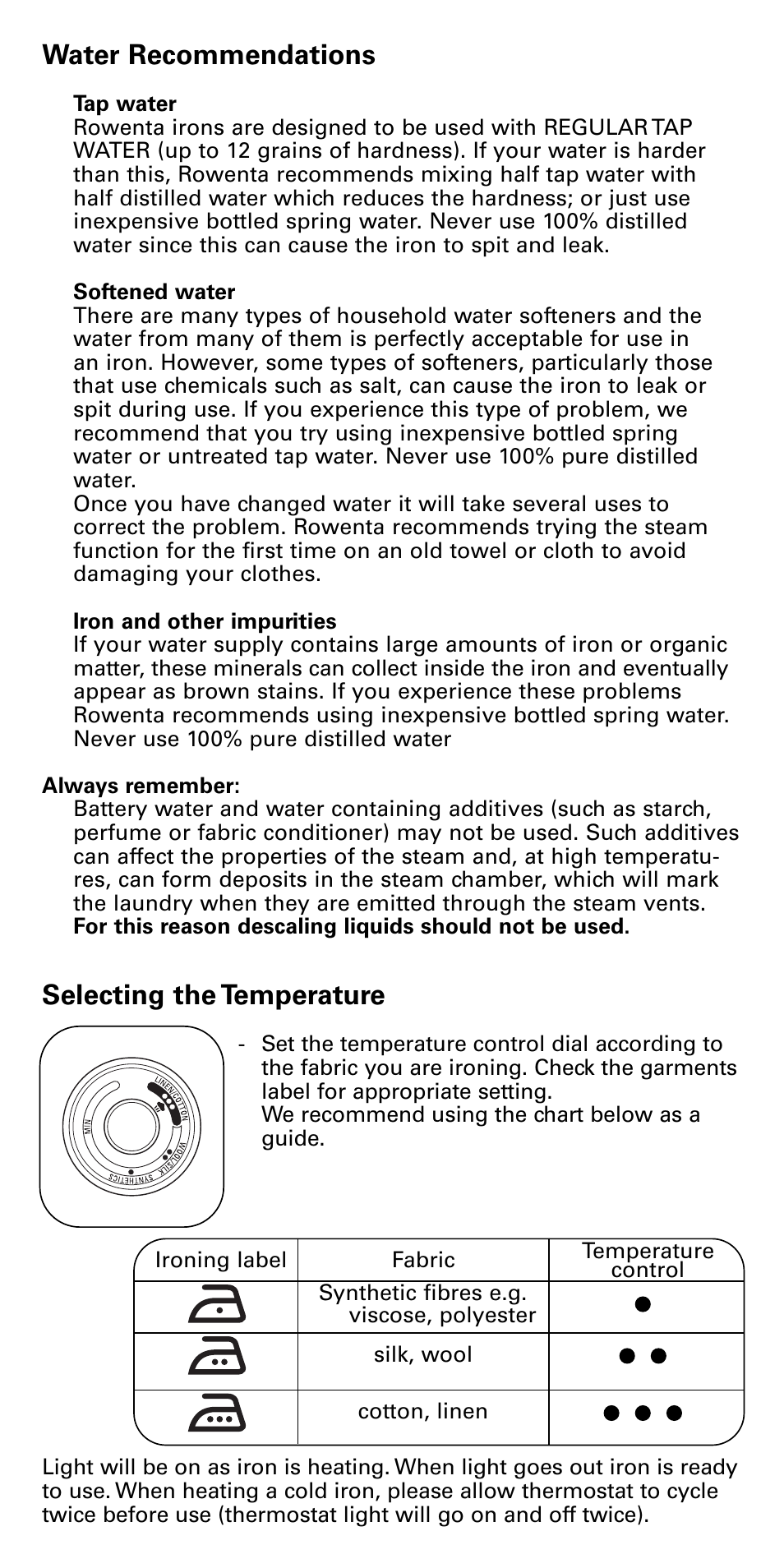 Water recommendations, Selecting the temperature | ROWENTA DX1900 User Manual | Page 4 / 10