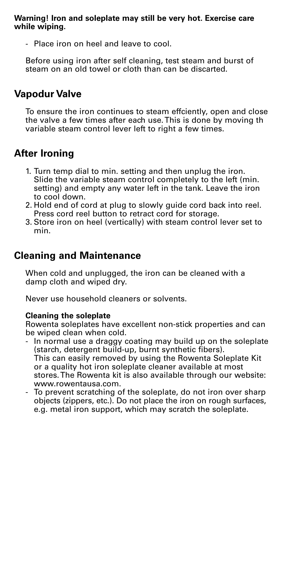 Vapodur valve, After ironing, Cleaning and maintenance | ROWENTA DX1900 User Manual | Page 7 / 10