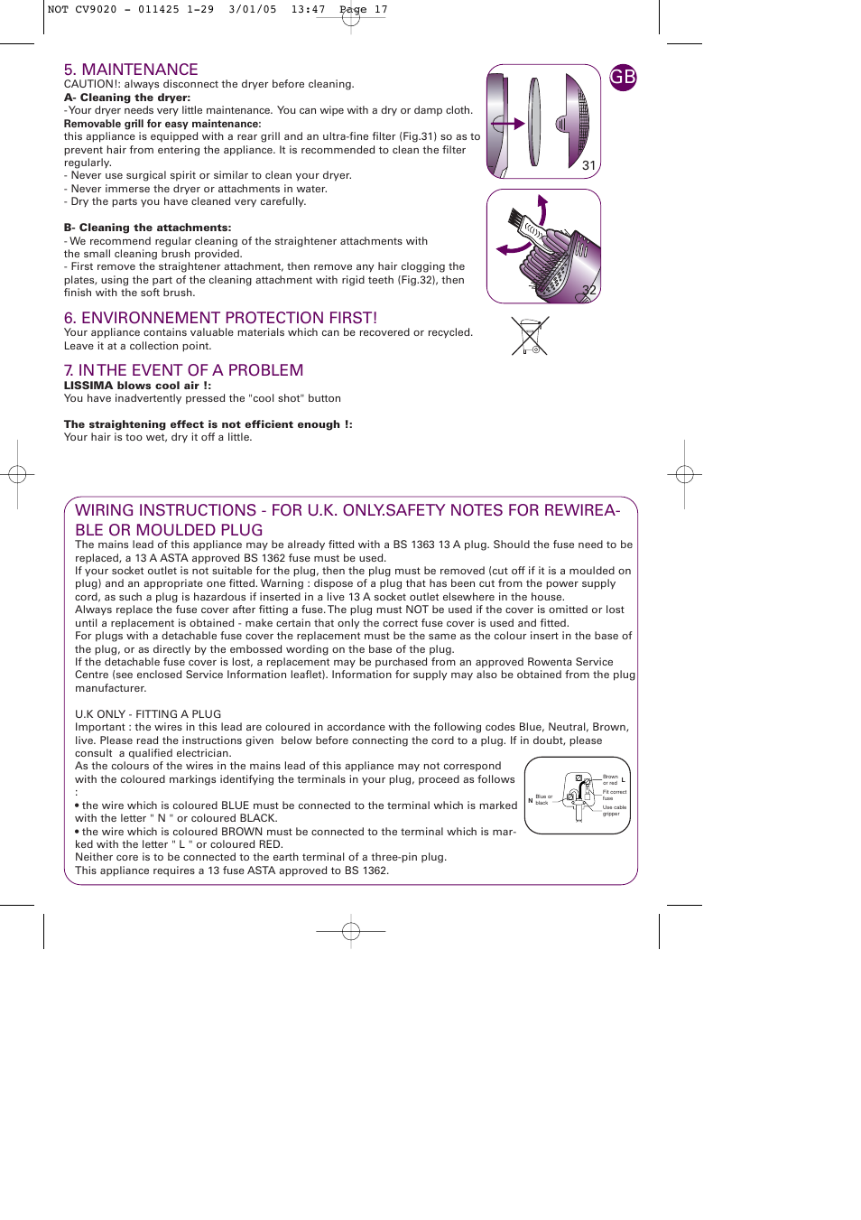 Maintenance, Environnement protection first | ROWENTA LISSIMA 011425 - 49/04 CV9020 User Manual | Page 9 / 9