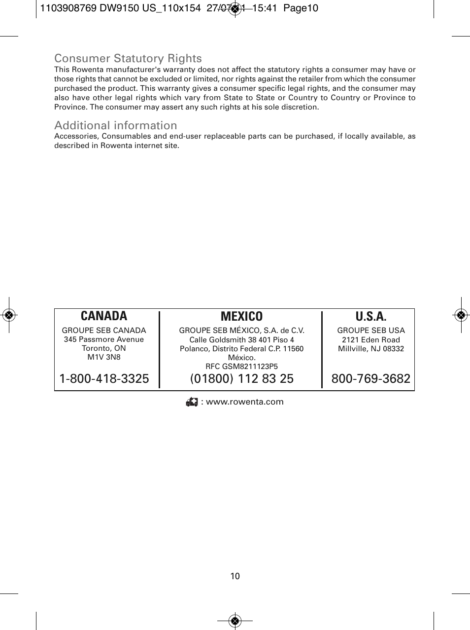 Mexico, Consumer statutory rights, Additional information | ROWENTA DW9150 User Manual | Page 10 / 28