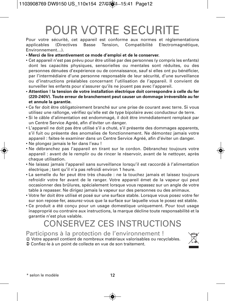 Pour votre securite, Conservez ces instructions, Participons à la protection de l’environnement | ROWENTA DW9150 User Manual | Page 12 / 28