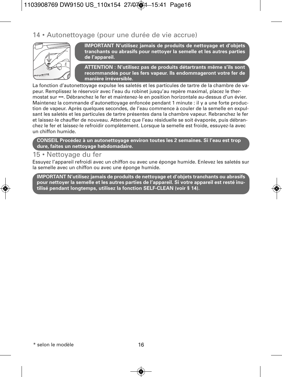14 • autonettoyage (pour une durée de vie accrue), 15 • nettoyage du fer | ROWENTA DW9150 User Manual | Page 16 / 28
