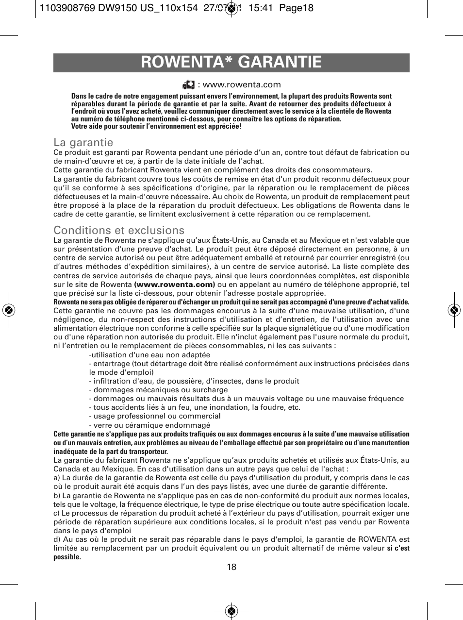 Rowenta* garantie, La garantie, Conditions et exclusions | ROWENTA DW9150 User Manual | Page 18 / 28