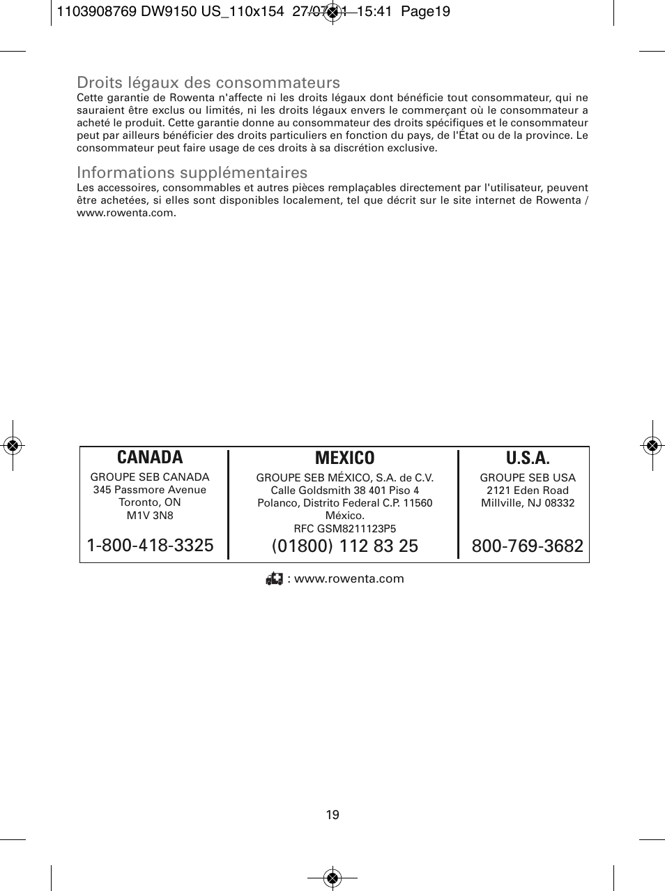 Mexico, Droits légaux des consommateurs, Informations supplémentaires | ROWENTA DW9150 User Manual | Page 19 / 28