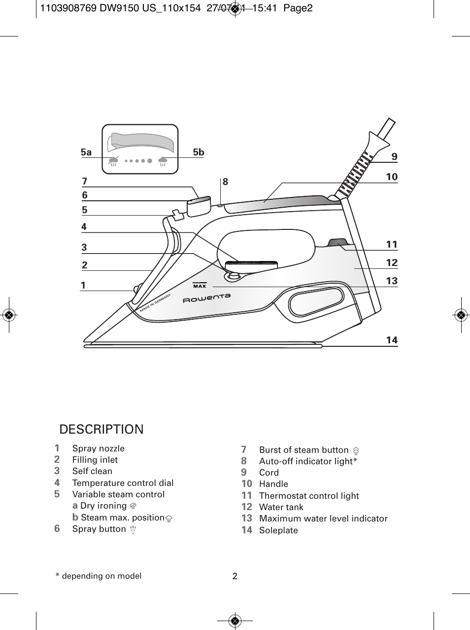Description | ROWENTA DW9150 User Manual | Page 2 / 28