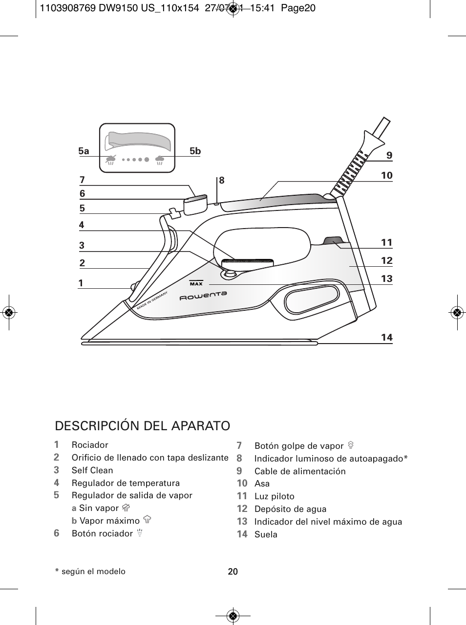 Descripción del aparato | ROWENTA DW9150 User Manual | Page 20 / 28
