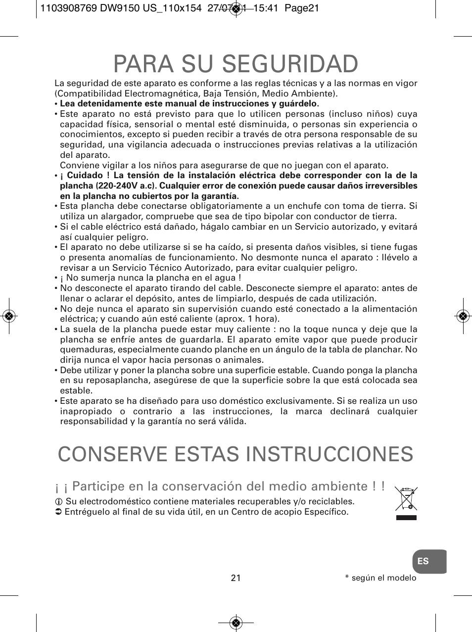 Para su seguridad, Conserve estas instrucciones, Participe en la conservación del medio ambiente | ROWENTA DW9150 User Manual | Page 21 / 28