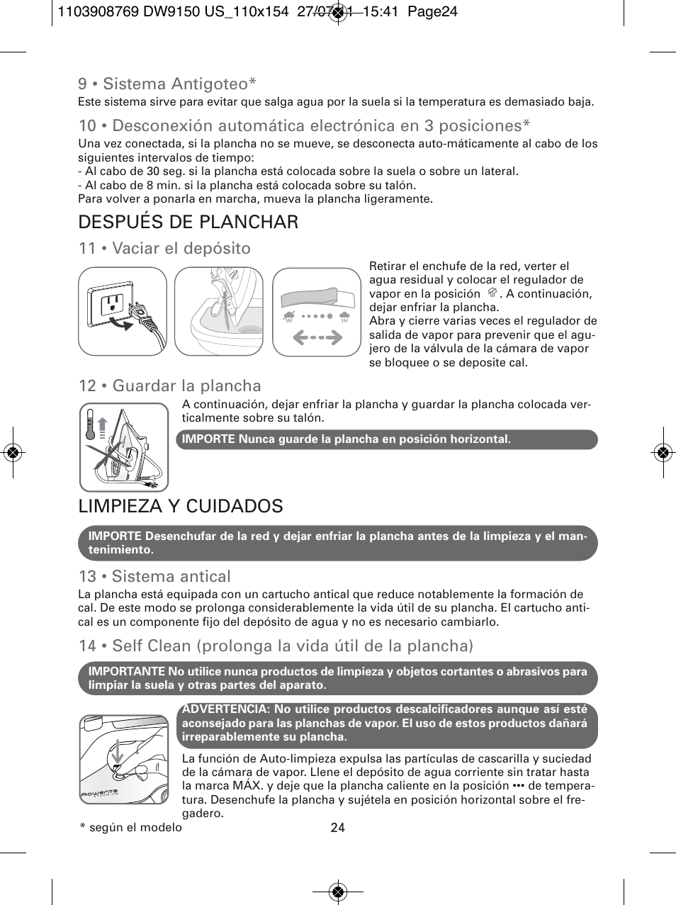 Después de planchar, Limpieza y cuidados, 9 • sistema antigoteo | 11 • vaciar el depósito, 12 • guardar la plancha, 13 • sistema antical | ROWENTA DW9150 User Manual | Page 24 / 28