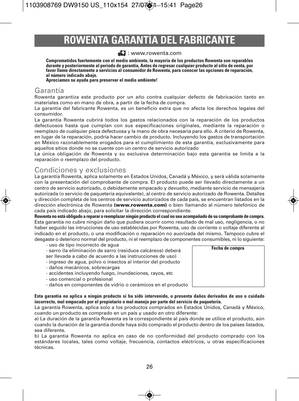 Rowenta garantía del fabricante, Garantía, Condiciones y exclusiones | ROWENTA DW9150 User Manual | Page 26 / 28