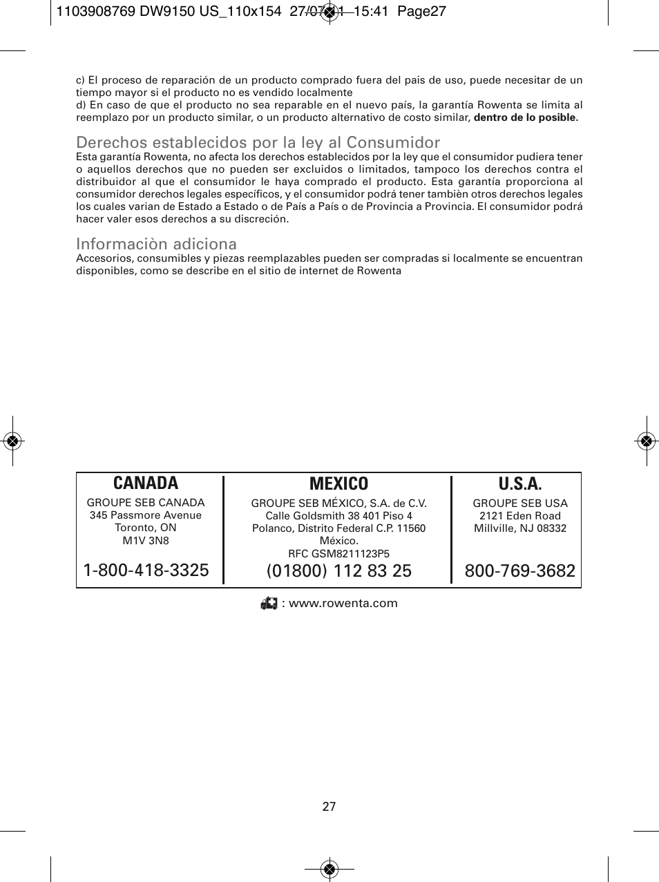 Mexico, Derechos establecidos por la ley al consumidor, Informaciòn adiciona | ROWENTA DW9150 User Manual | Page 27 / 28