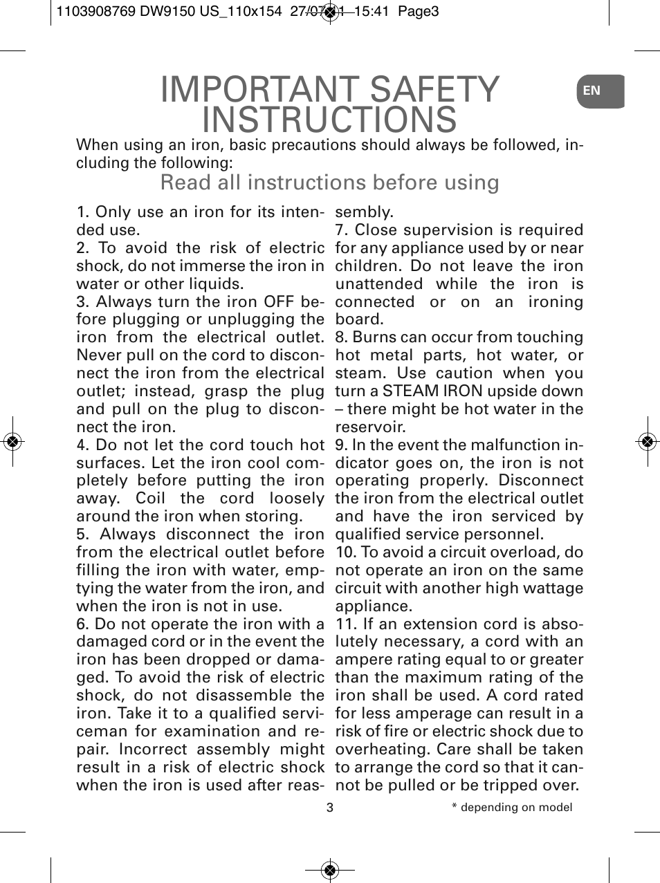 Important safety instructions, Read all instructions before using | ROWENTA DW9150 User Manual | Page 3 / 28