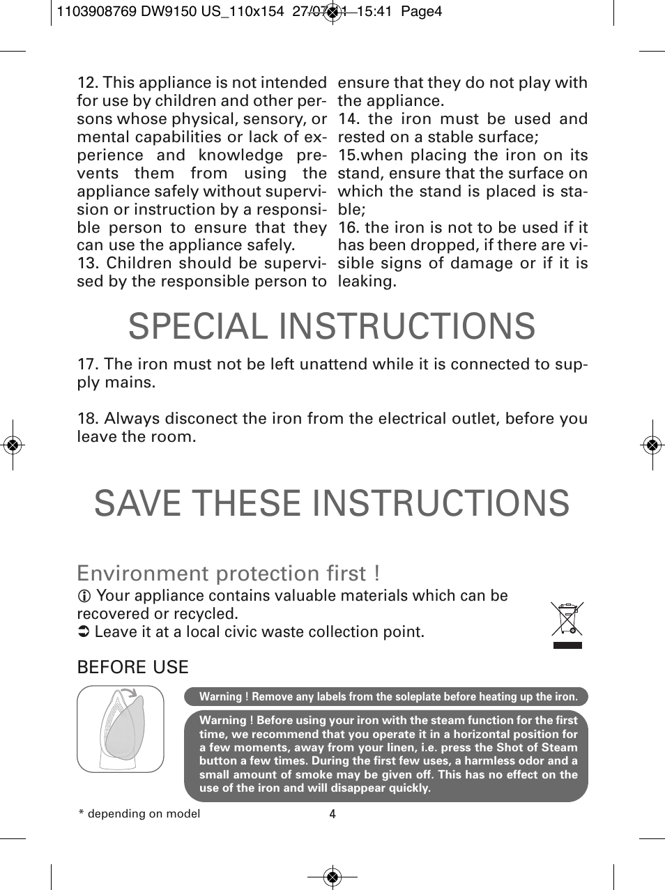 Special instructions save these instructions, Environment protection first | ROWENTA DW9150 User Manual | Page 4 / 28