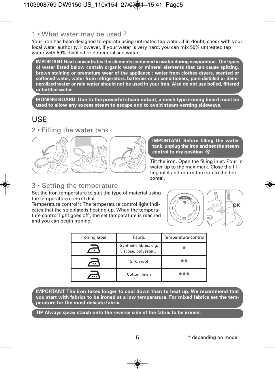 1 • what water may be used, 2 • filling the water tank, 3 • setting the temperature | ROWENTA DW9150 User Manual | Page 5 / 28