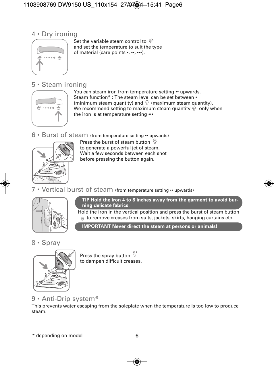 4 • dry ironing, 5 • steam ironing, 6 • burst of steam | 7 • vertical burst of steam, 8 • spray, 9 • anti-drip system | ROWENTA DW9150 User Manual | Page 6 / 28