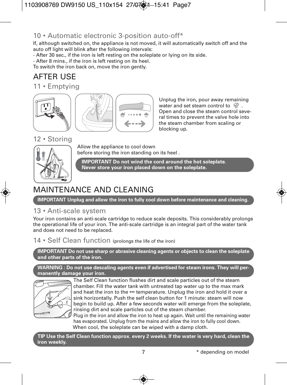 After use, Maintenance and cleaning, 10 • automatic electronic 3-position auto-off | 11 • emptying, 12 • storing, 13 • anti-scale system, 14 • self clean function | ROWENTA DW9150 User Manual | Page 7 / 28