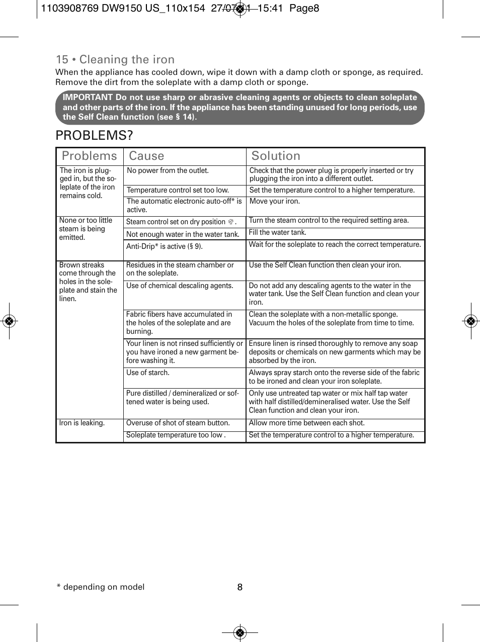 Problems, Problems cause solution, 15 • cleaning the iron | ROWENTA DW9150 User Manual | Page 8 / 28
