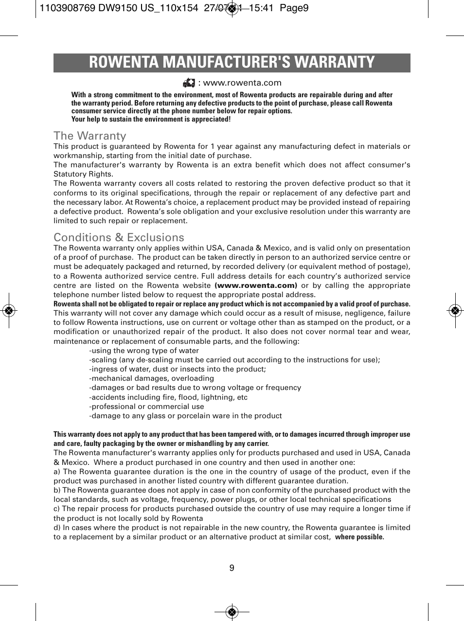 Rowenta manufacturer's warranty, The warranty, Conditions & exclusions | ROWENTA DW9150 User Manual | Page 9 / 28