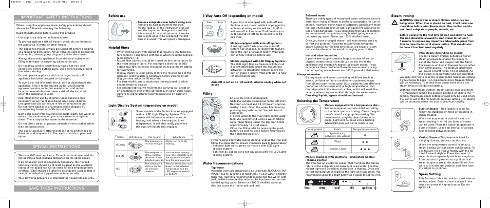 Important safety instructions, Special instructions save these instructions, 3 way auto-off (depending on model) | Filling, Water recommendations, Before use, Helpful hints, Light display system (depending on model), Steam ironing, Spray setting | ROWENTA DX9000 User Manual | Page 2 / 2