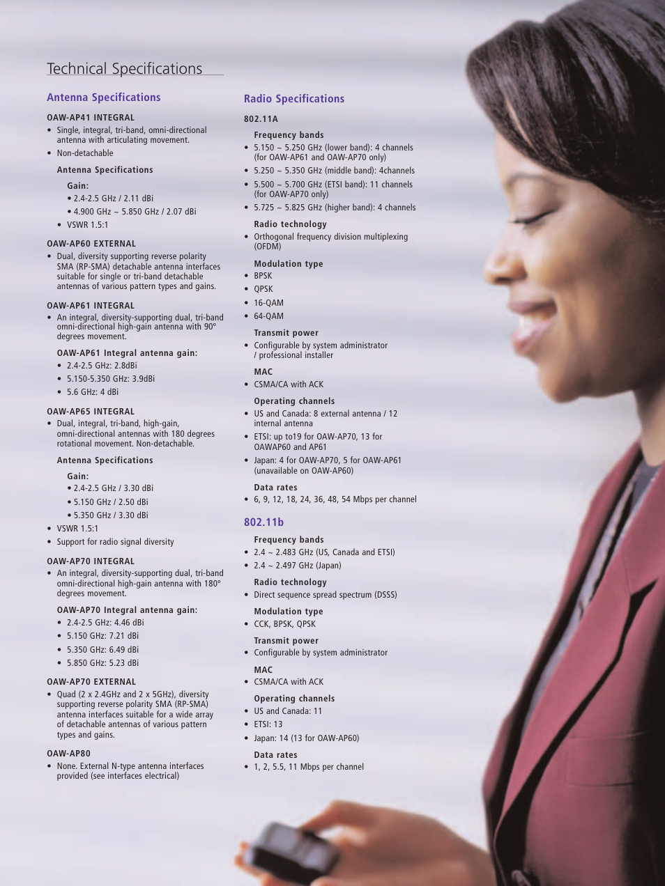 Technical specifications, Antenna specifications, Radio specifications | Riverstone Networks OAW-AP65 User Manual | Page 13 / 20