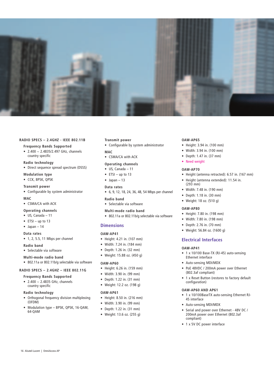 Electrical interfaces, Dimensions | Riverstone Networks OAW-AP65 User Manual | Page 16 / 20