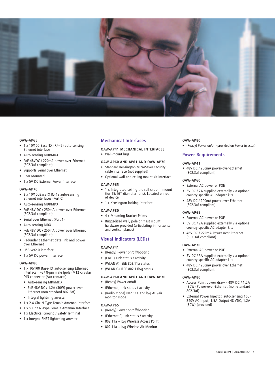 Power requirements, Mechanical interfaces, Visual indicators (leds) | Riverstone Networks OAW-AP65 User Manual | Page 17 / 20