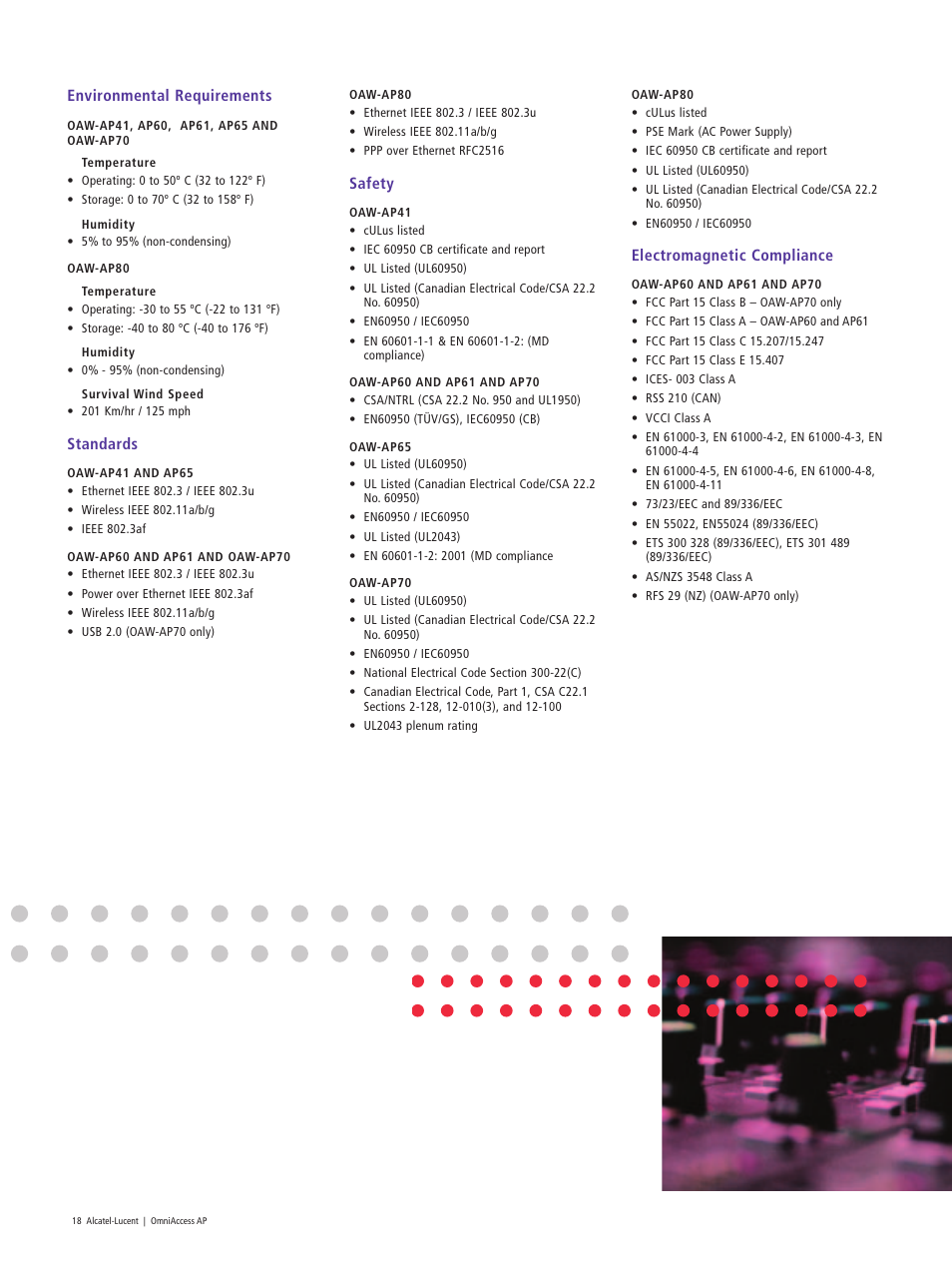 Environmental requirements, Standards, Safety | Electromagnetic compliance | Riverstone Networks OAW-AP65 User Manual | Page 18 / 20