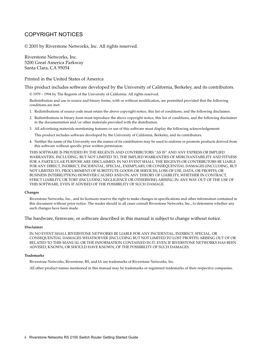 Notices, Copyright notices | Riverstone Networks RS 2100 User Manual | Page 2 / 77