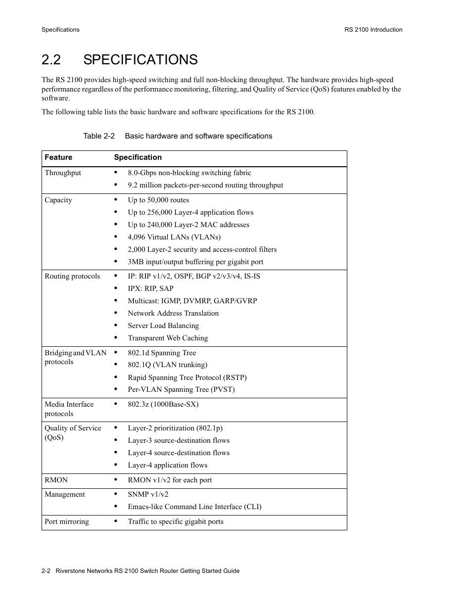 2 specifications, Specifications -2, Table 2-2 | Basic hardware and software specifications -2 | Riverstone Networks RS 2100 User Manual | Page 24 / 77