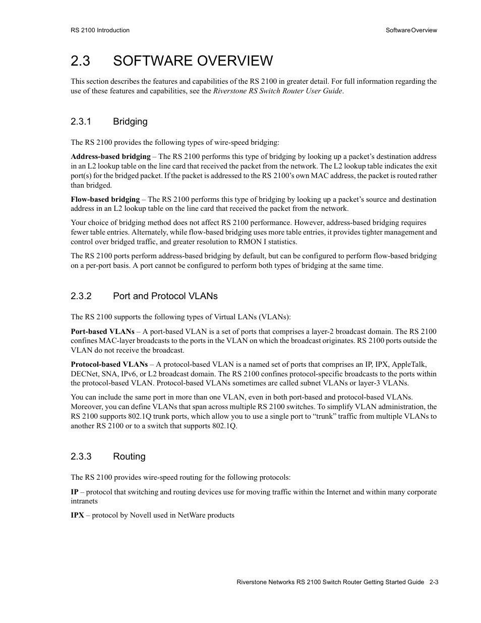3 software overview, 1 bridging, 2 port and protocol vlans | 3 routing, Software overview -3, Bridging -3, Port and protocol vlans -3, Routing -3 | Riverstone Networks RS 2100 User Manual | Page 25 / 77