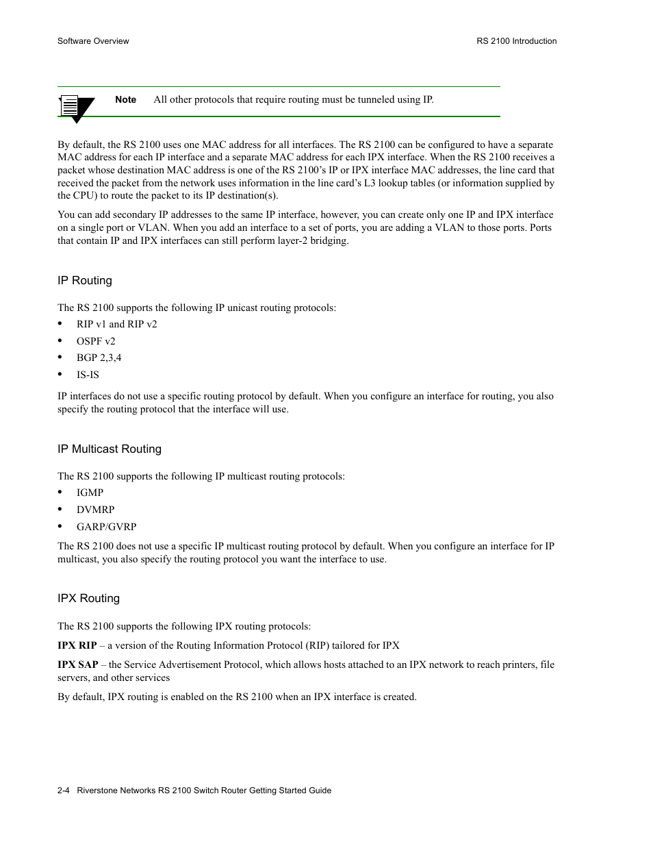 Ip routing, Ip multicast routing, Ipx routing | Riverstone Networks RS 2100 User Manual | Page 26 / 77