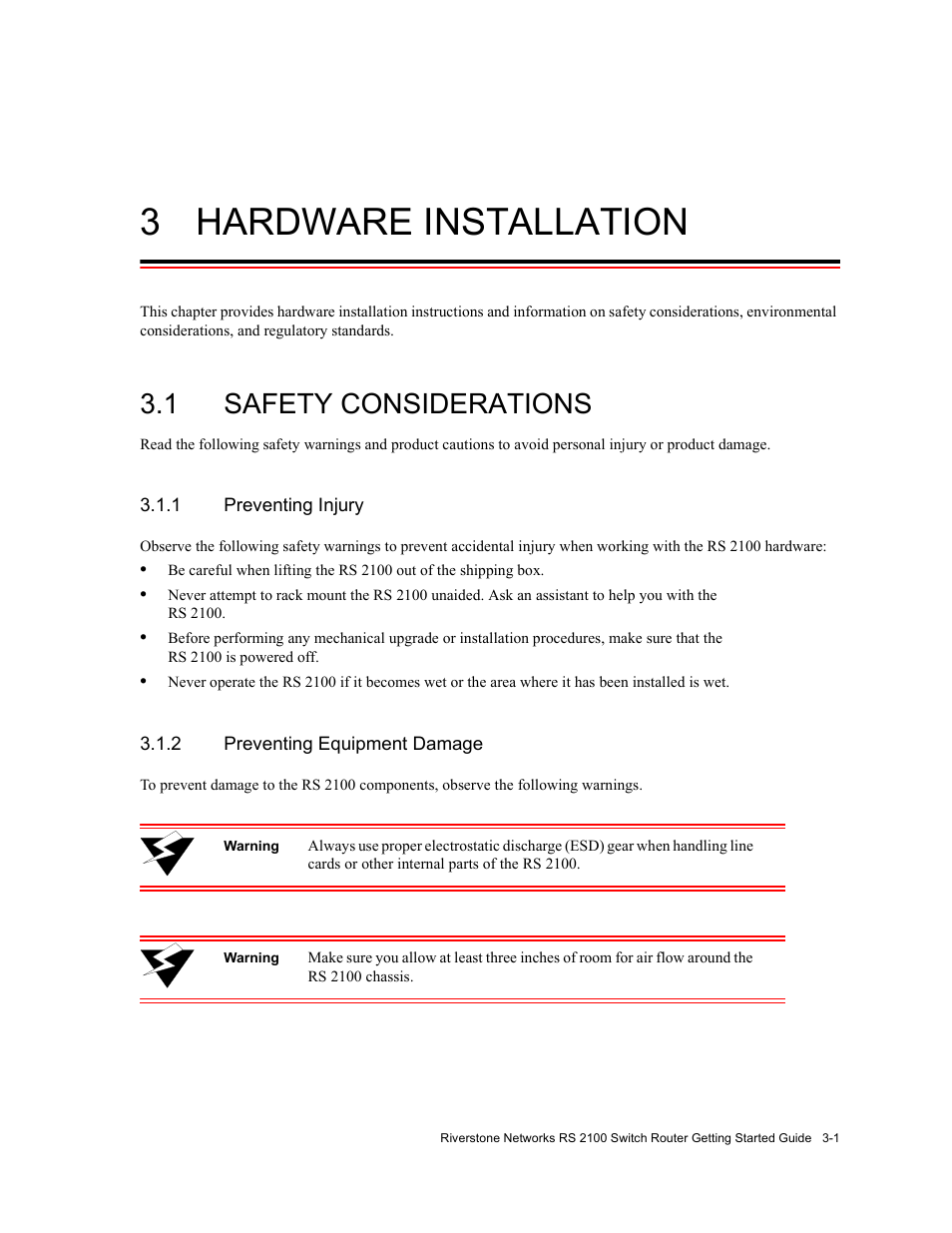 3 hardware installation, 1 safety considerations, 1 preventing injury | 2 preventing equipment damage, Hardware installation -1, Safety considerations -1, Preventing injury -1, Preventing equipment damage -1, Chapter 3, "hardware installation | Riverstone Networks RS 2100 User Manual | Page 35 / 77