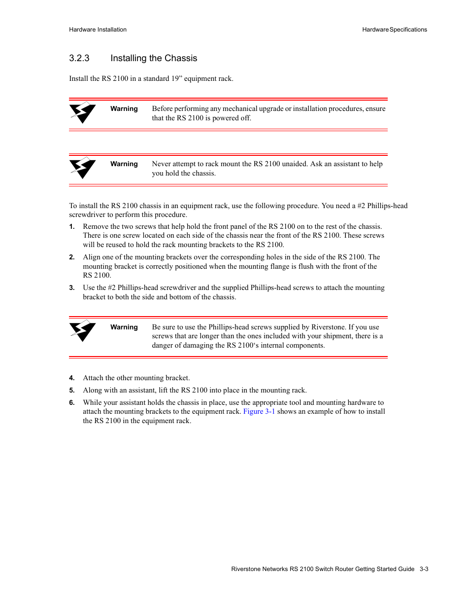 3 installing the chassis, Installing the chassis -3 | Riverstone Networks RS 2100 User Manual | Page 37 / 77